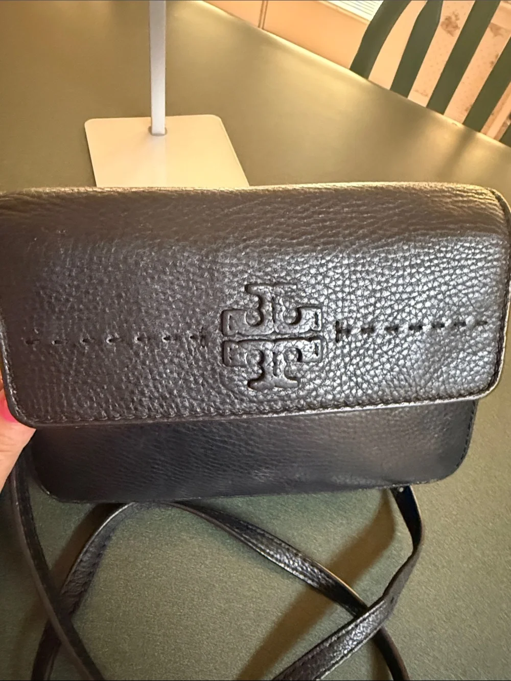 Tory Burch Black Pebbled Leather Logo Crossbody